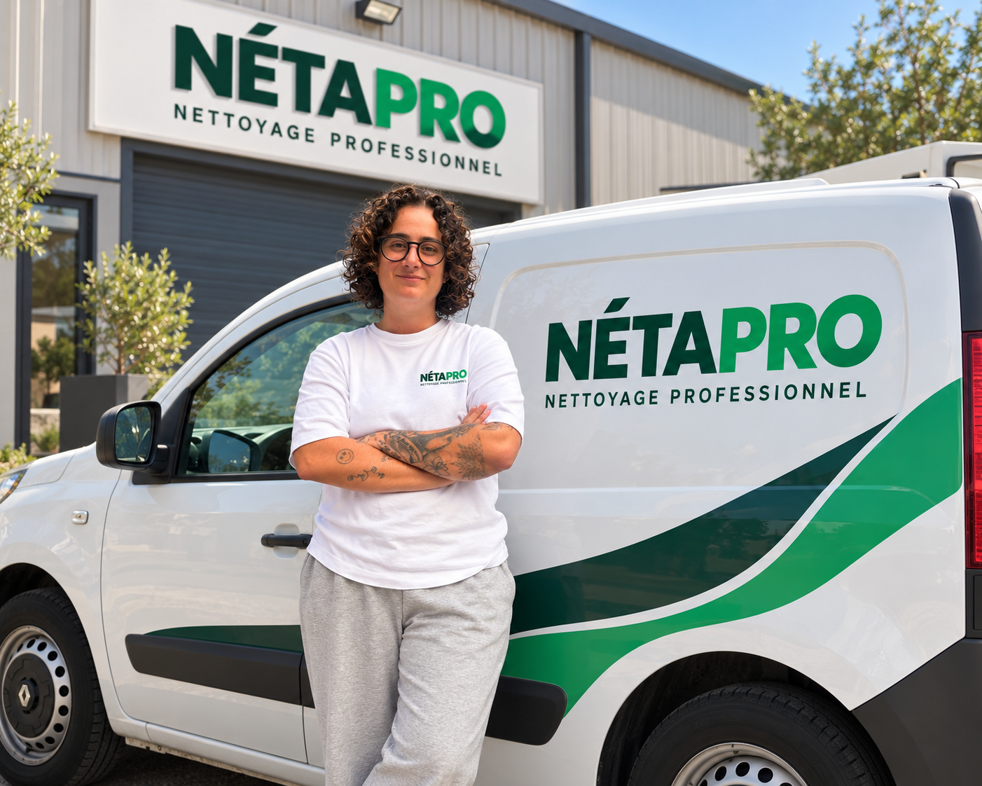 La dirigeante de NÉTAPRO devant son utilitaire floqué, devant les locaux de l’entreprise